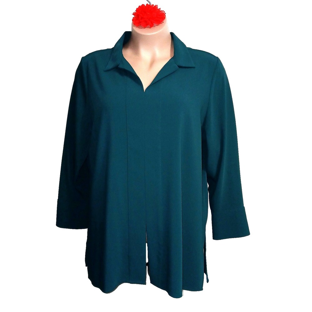 Chico's Women Tunic Top 4 20 22 Green Chain Trim Sleeve Solid Minimalist Holiday